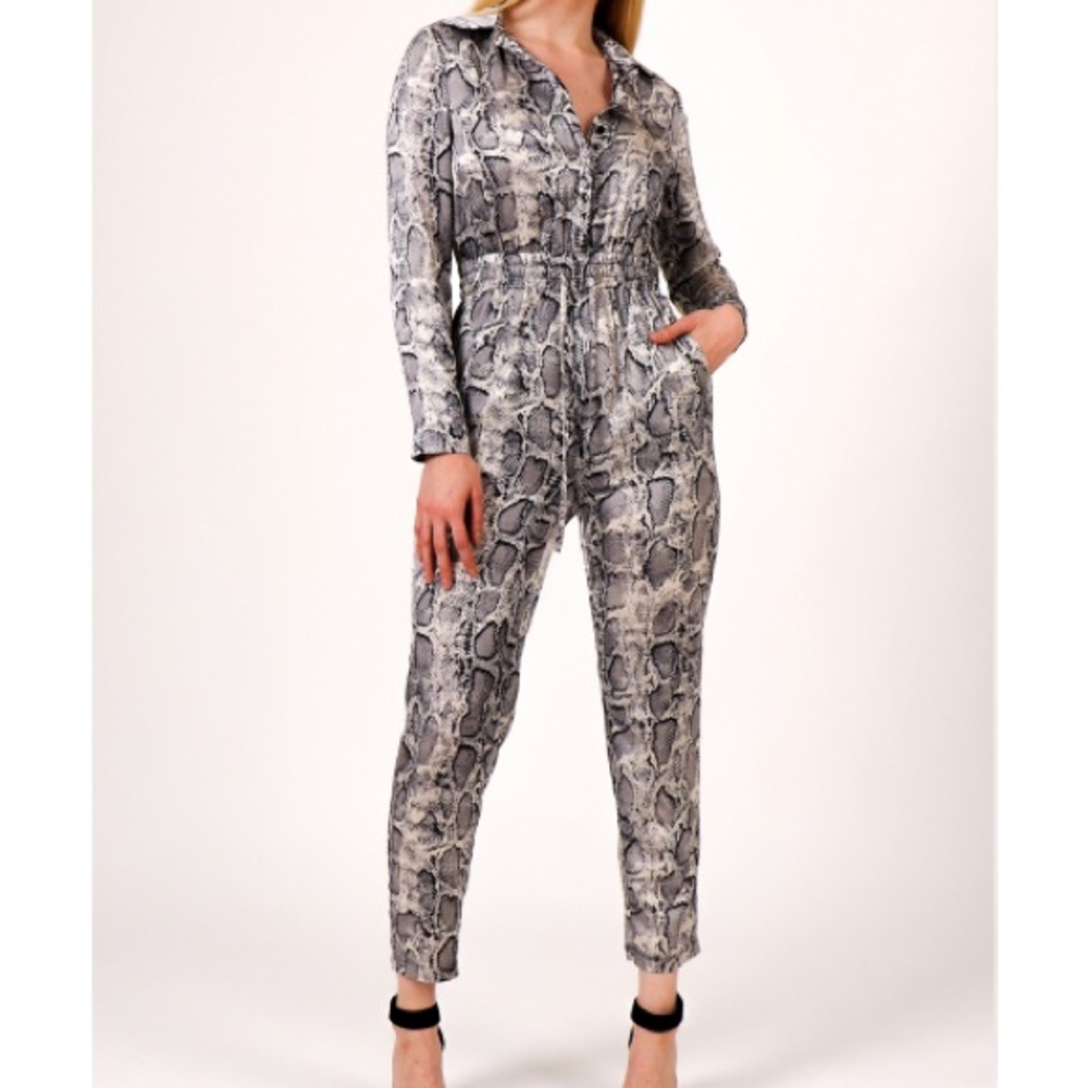 🐍 Snake Print Satin Jumpsuit - Grey Black White Animal Print
